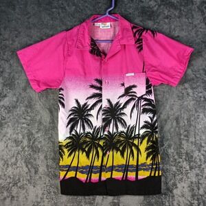 Vintage Hawaiian Shirt Boys XL Pink Palm Tree Tropical Aloha 80s Windswept